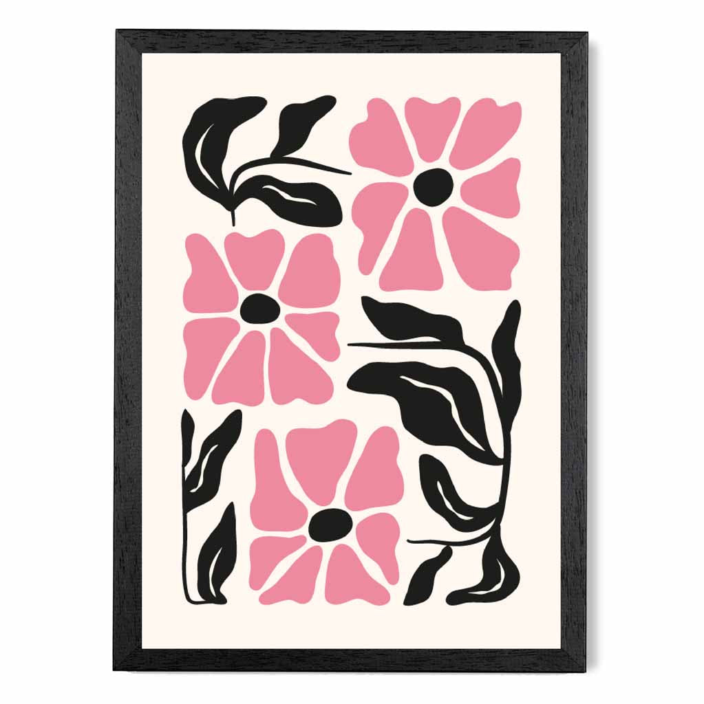 Abstract Modern Pink, Black Flowers No 1 Art Print | Wall Art Plaza