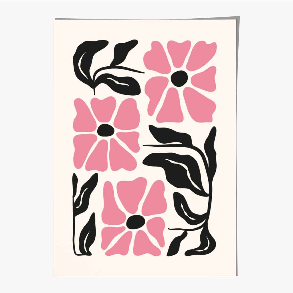 Abstract Modern Pink, Black Flowers No 1 Art Print | Wall Art Plaza