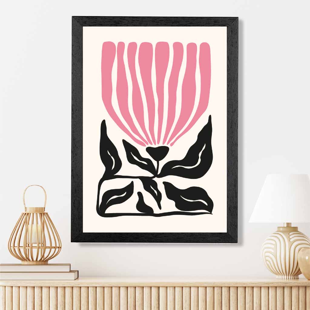 Abstract Modern Pink, Black Flowers No 2 Art Print | Wall Art Plaza