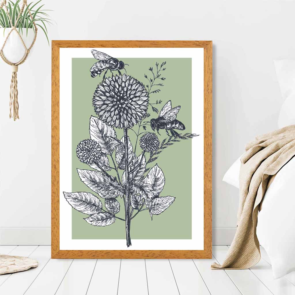 Illustration Green Bees Art Print | Wall Art Plaza