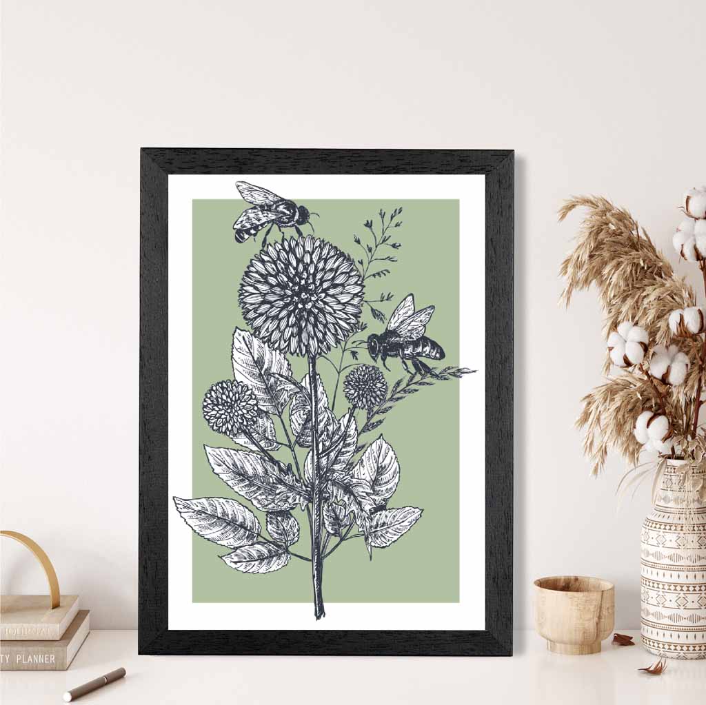 Illustration Green Bees Art Print | Wall Art Plaza