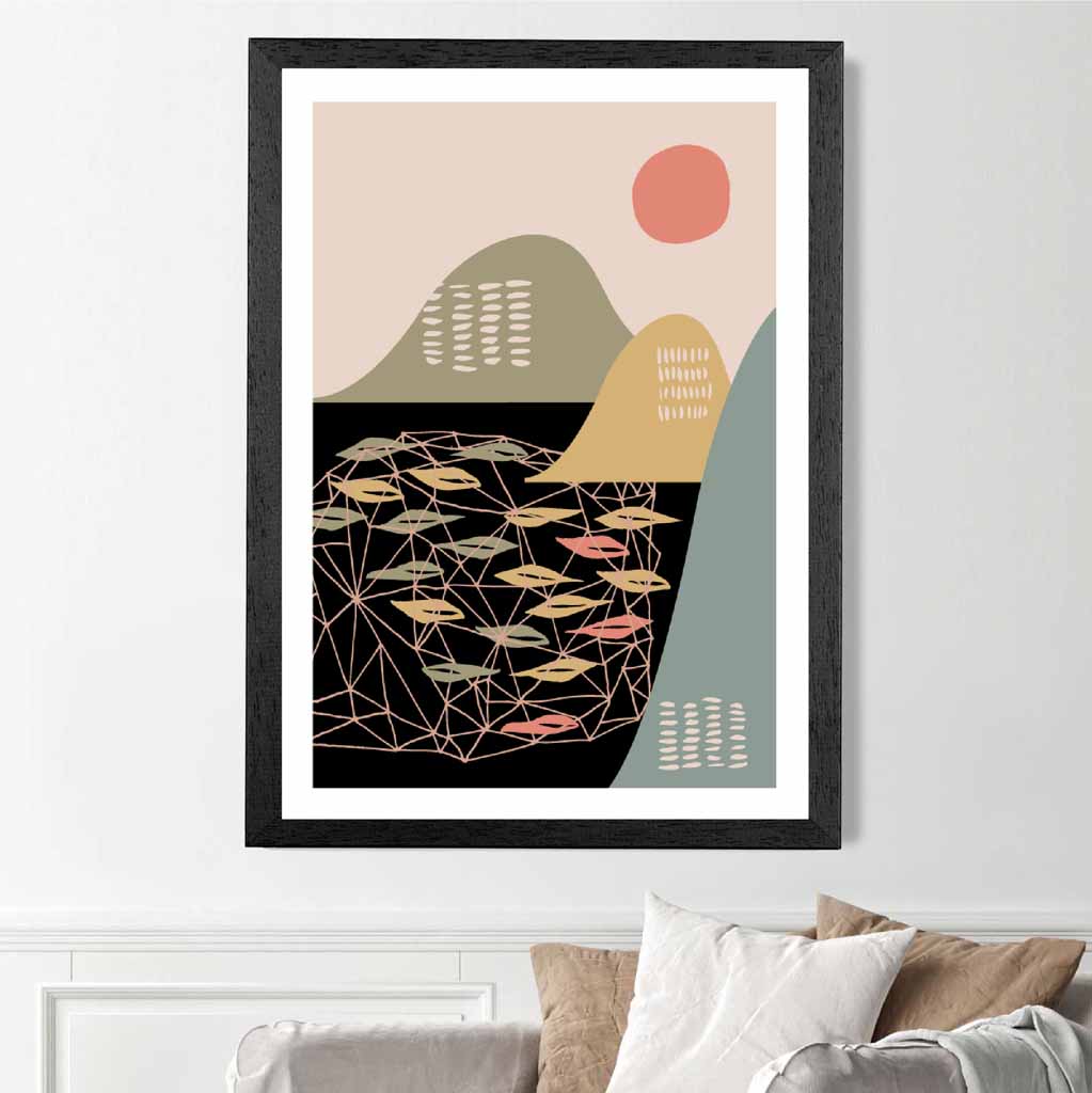 Modern Graphical Colourful, Green & Yellow Landscape Art Poster | Wall Art Plaza