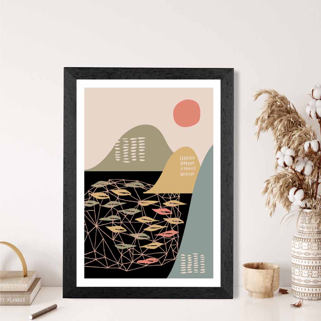 Modern Graphical Colourful, Green & Yellow Landscape Art Poster | Wall Art Plaza