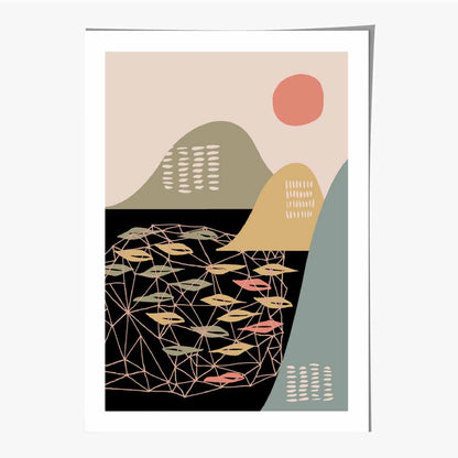 Modern Graphical Colourful, Green & Yellow Landscape Art Poster | Wall Art Plaza