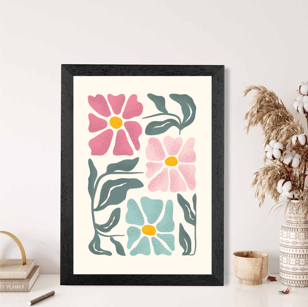 Abstract Painted Pink, Green Flowers No 3 Art Print | Wall Art Plaza