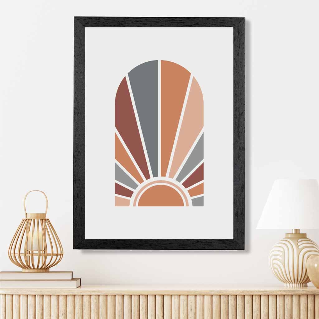 Mid Century Orange, Blue Geometric Sun Art Print | Wall Art Plaza