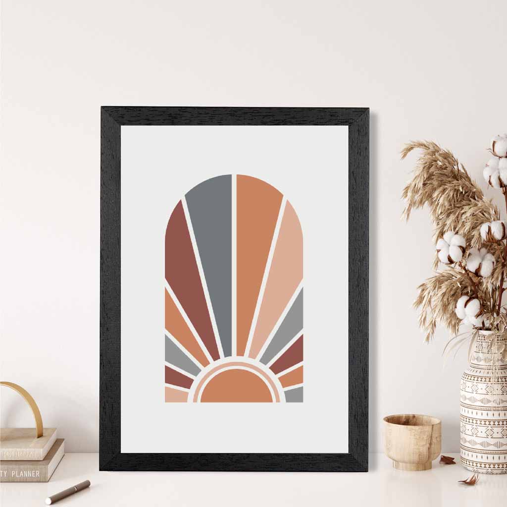 Mid Century Orange, Blue Geometric Sun Art Print | Wall Art Plaza