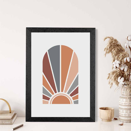 Mid Century Orange, Blue Geometric Sun Art Print | Wall Art Plaza