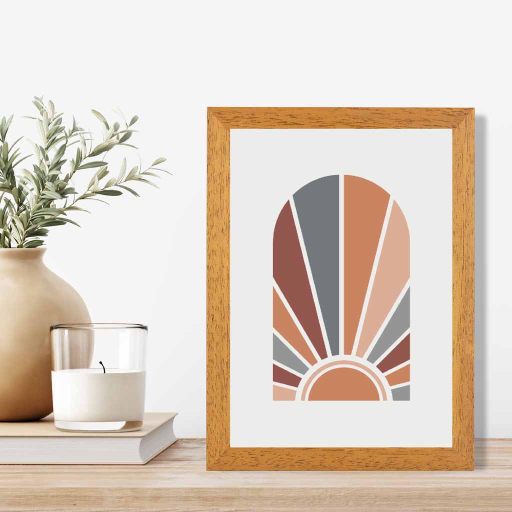 Mid Century Orange, Blue Geometric Sun Art Print | Wall Art Plaza