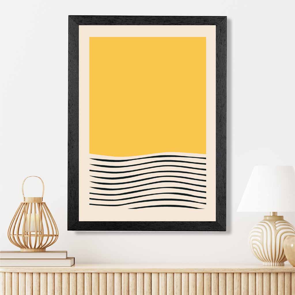 Mid Century Yellow, Black Waves Art Print | Wall Art Plaza