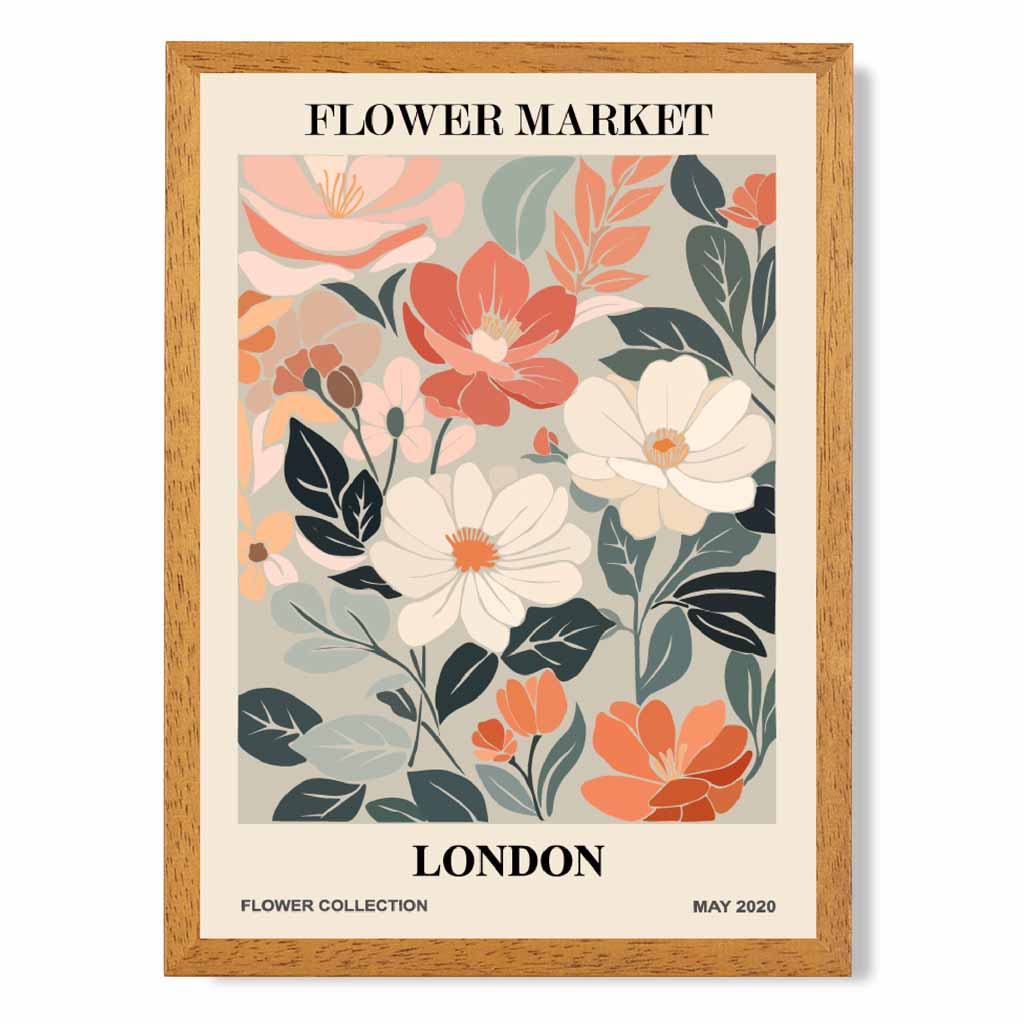 Boho Floral Pink, Teal Flower Market London Art Print | Wall Art Plaza