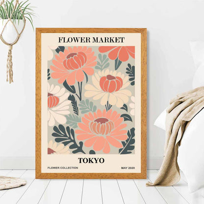 Boho Floral Pink, Teal Flower Market Tokyo Art Print | Wall Art Plaza