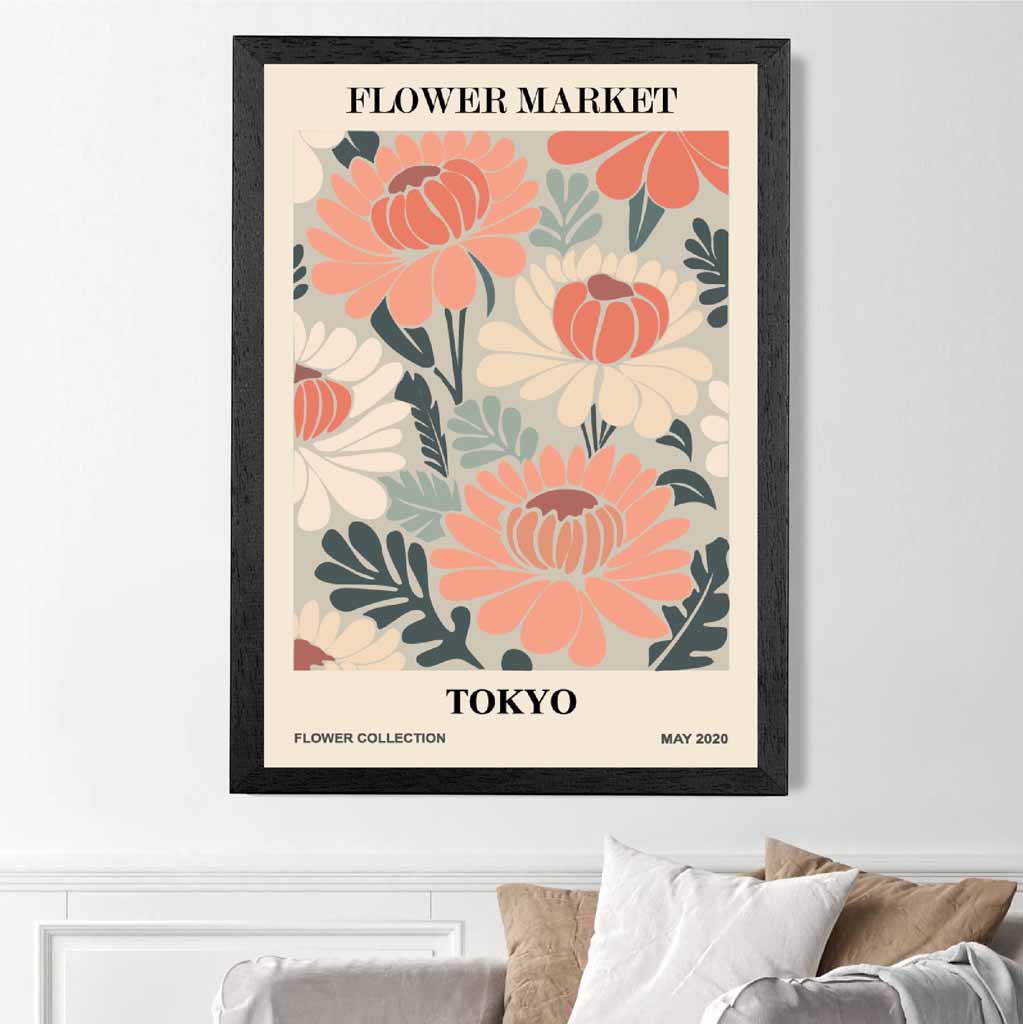 Boho Floral Pink, Teal Flower Market Tokyo Art Print | Wall Art Plaza