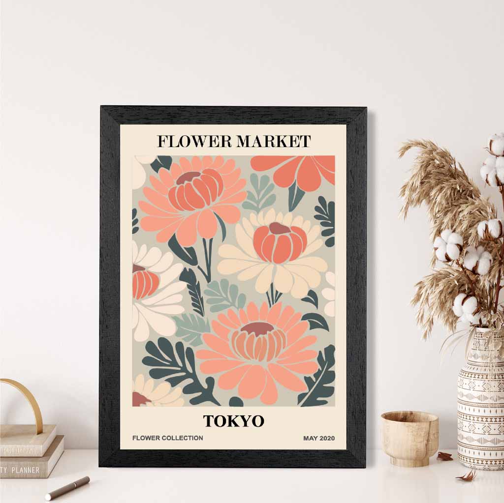 Boho Floral Pink, Teal Flower Market Tokyo Art Print | Wall Art Plaza