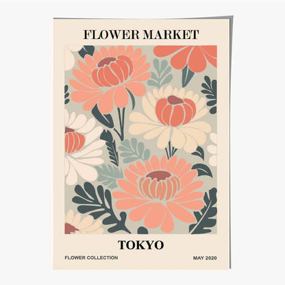 Boho Floral Pink, Teal Flower Market Tokyo Art Print | Wall Art Plaza