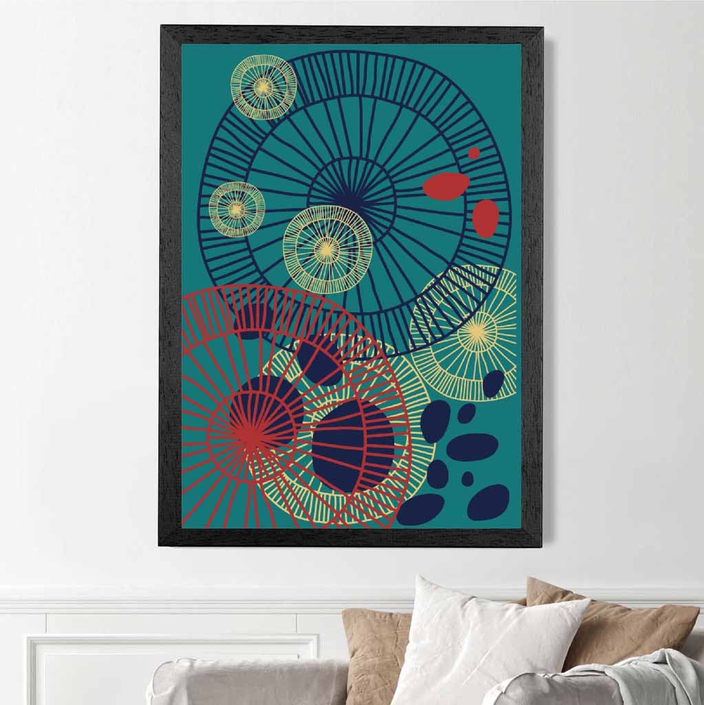 Quirky Fashion Teal, Red Fashion Shapes No 1 Art Print | Wall Art Plaza