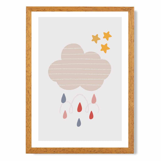 Boho Kids Beige, Blue Happy Rain Cloud Art Print | Wall Art Plaza