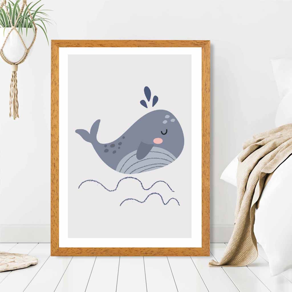 Boho Kids Blue, Grey Happy Whale Art Print | Wall Art Plaza