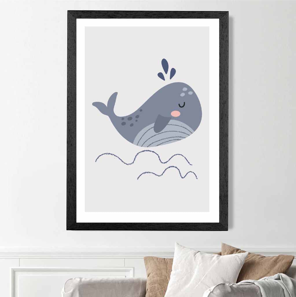 Boho Kids Blue, Grey Happy Whale Art Print | Wall Art Plaza