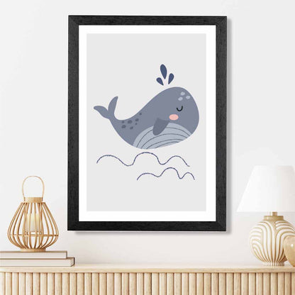 Boho Kids Blue, Grey Happy Whale Art Print | Wall Art Plaza