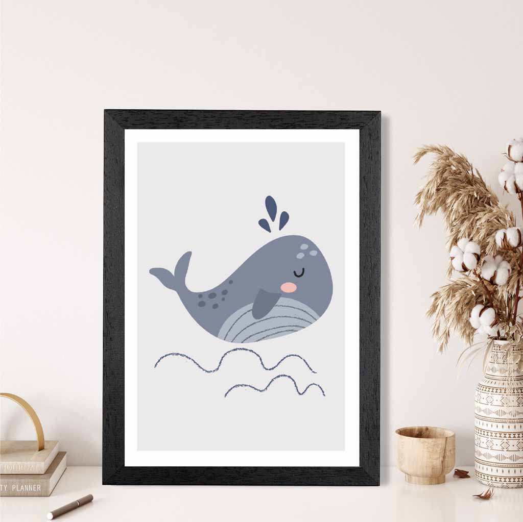 Boho Kids Blue, Grey Happy Whale Art Print | Wall Art Plaza