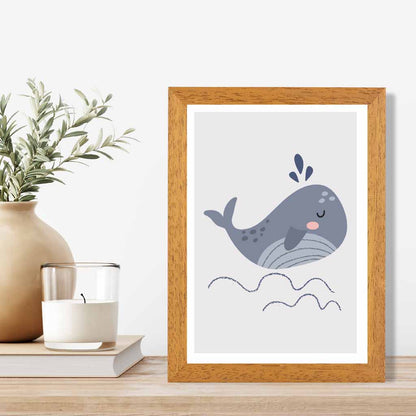 Boho Kids Blue, Grey Happy Whale Art Print | Wall Art Plaza