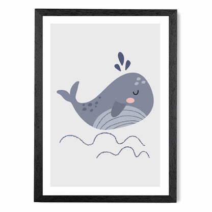 Boho Kids Blue, Grey Happy Whale Art Print | Wall Art Plaza