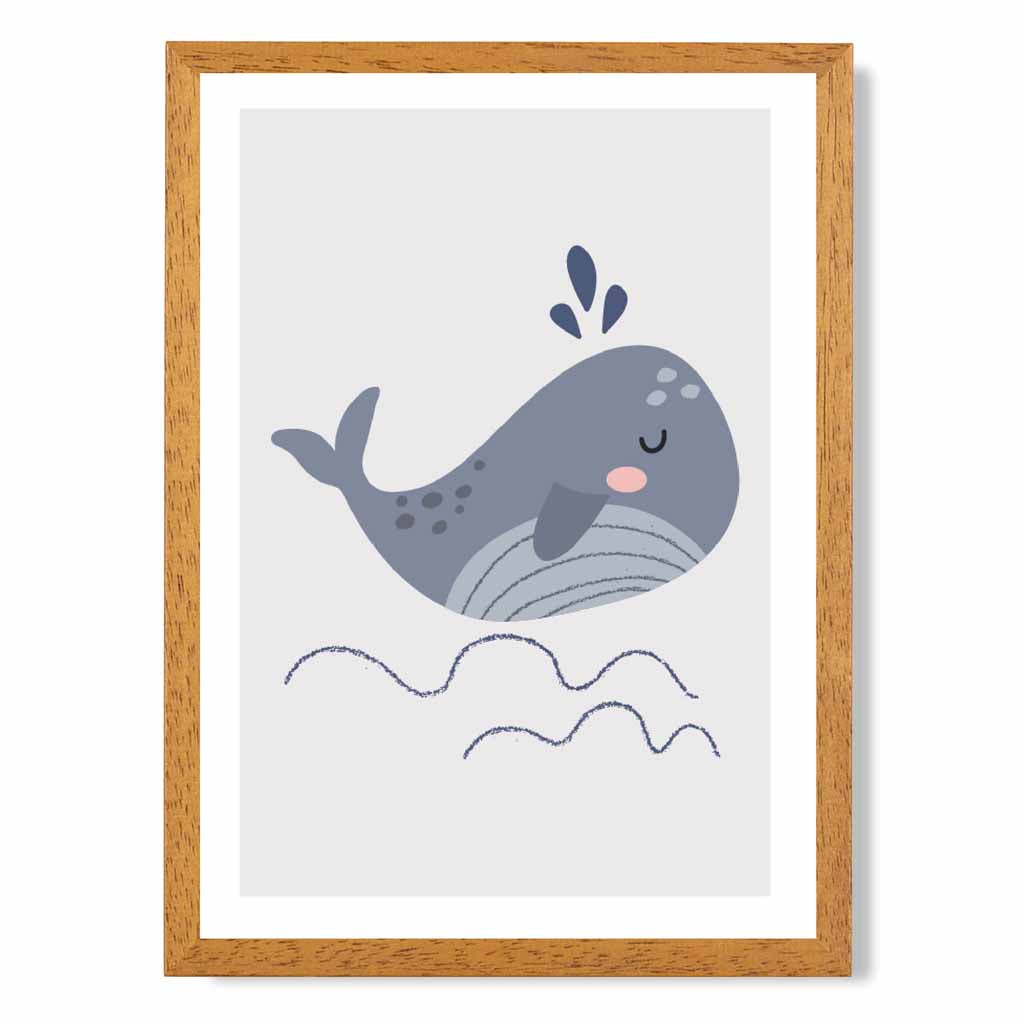 Boho Kids Blue, Grey Happy Whale Art Print | Wall Art Plaza