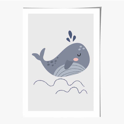 Boho Kids Blue, Grey Happy Whale Art Print | Wall Art Plaza