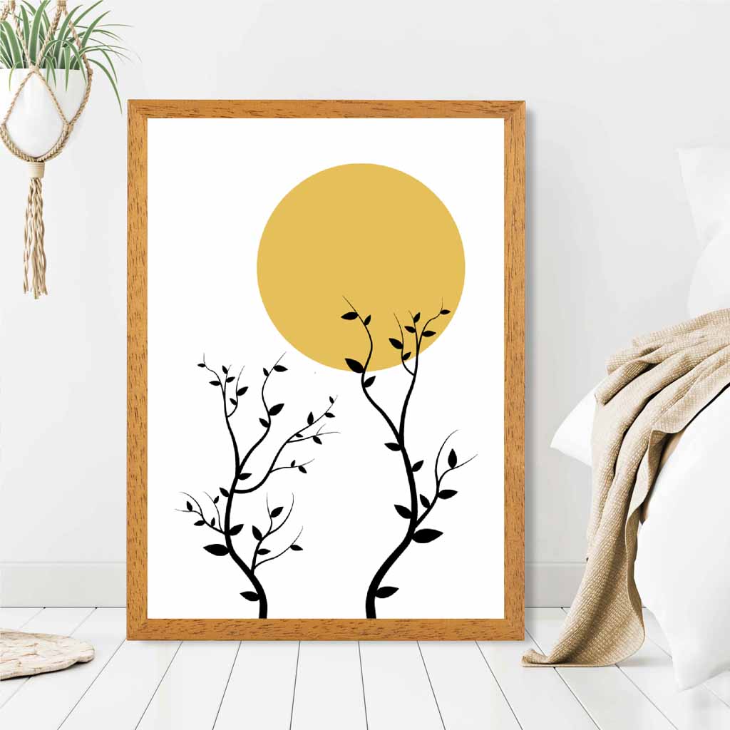 Illustration Yellow, Black Sun and Trees No 3 Art Print | Wall Art Plaza