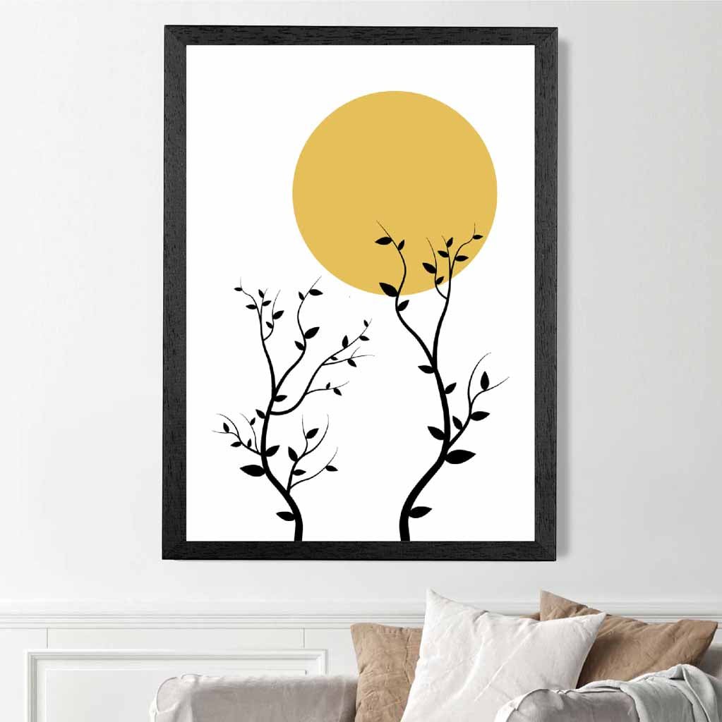 Illustration Yellow, Black Sun and Trees No 3 Art Print | Wall Art Plaza