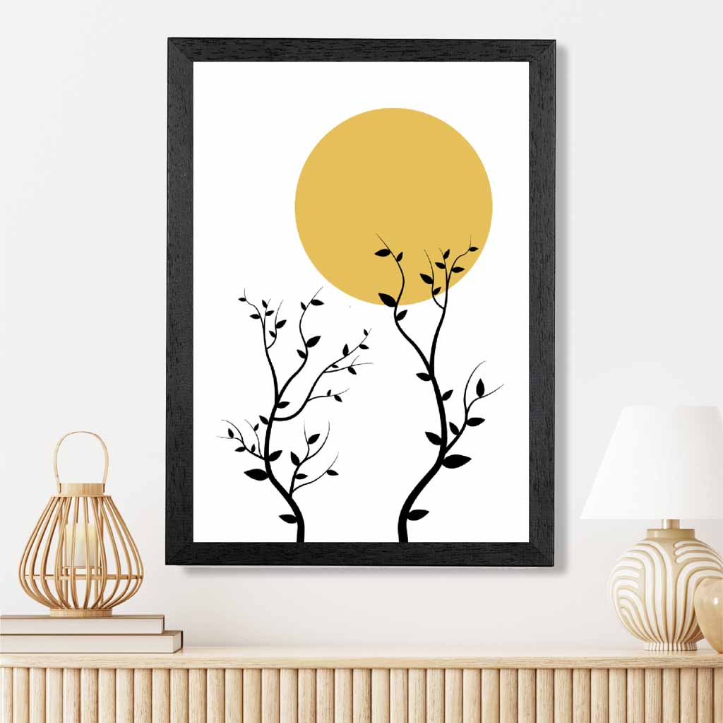 Illustration Yellow, Black Sun and Trees No 3 Art Print | Wall Art Plaza