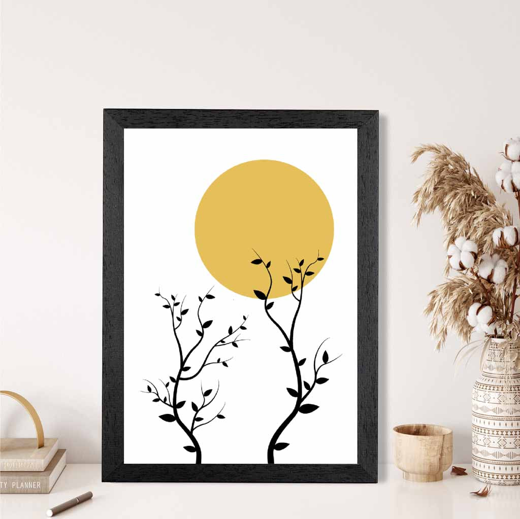 Illustration Yellow, Black Sun and Trees No 3 Art Print | Wall Art Plaza