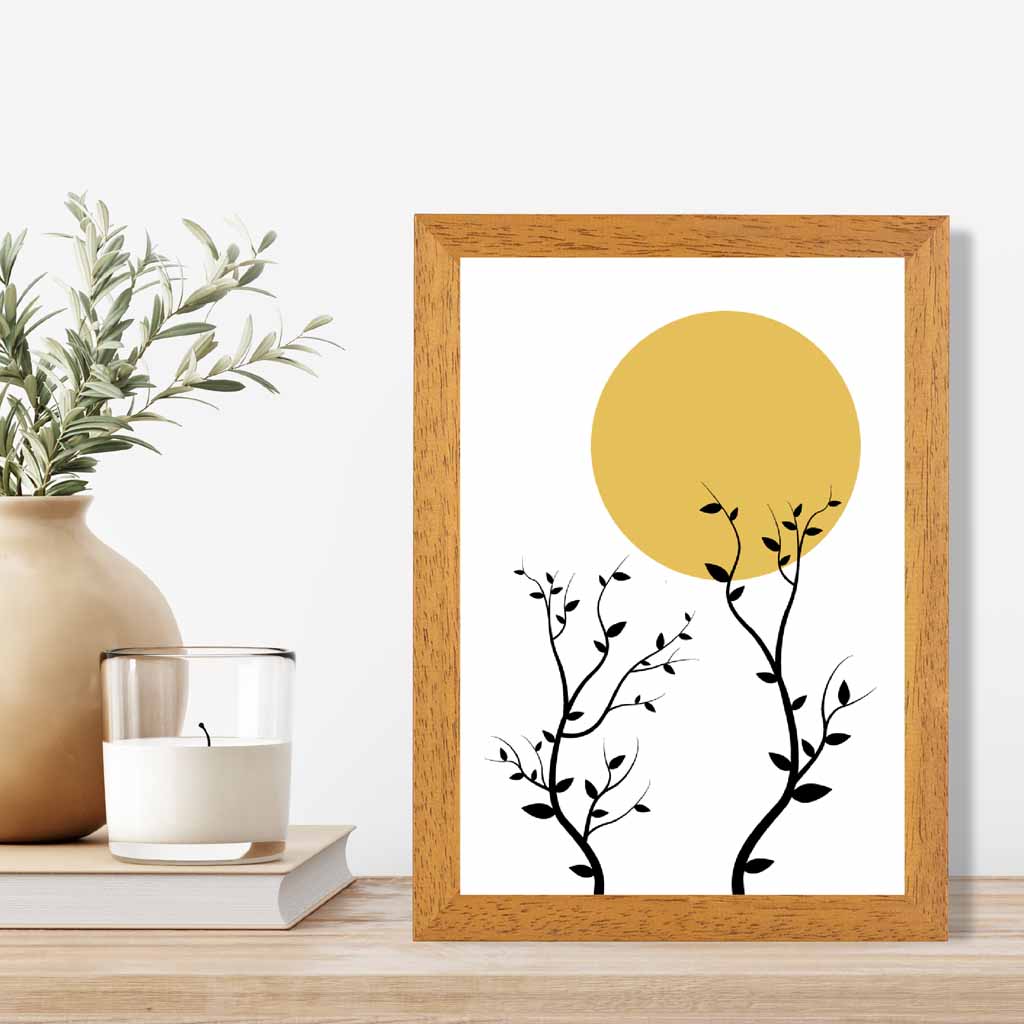 Illustration Yellow, Black Sun and Trees No 3 Art Print | Wall Art Plaza