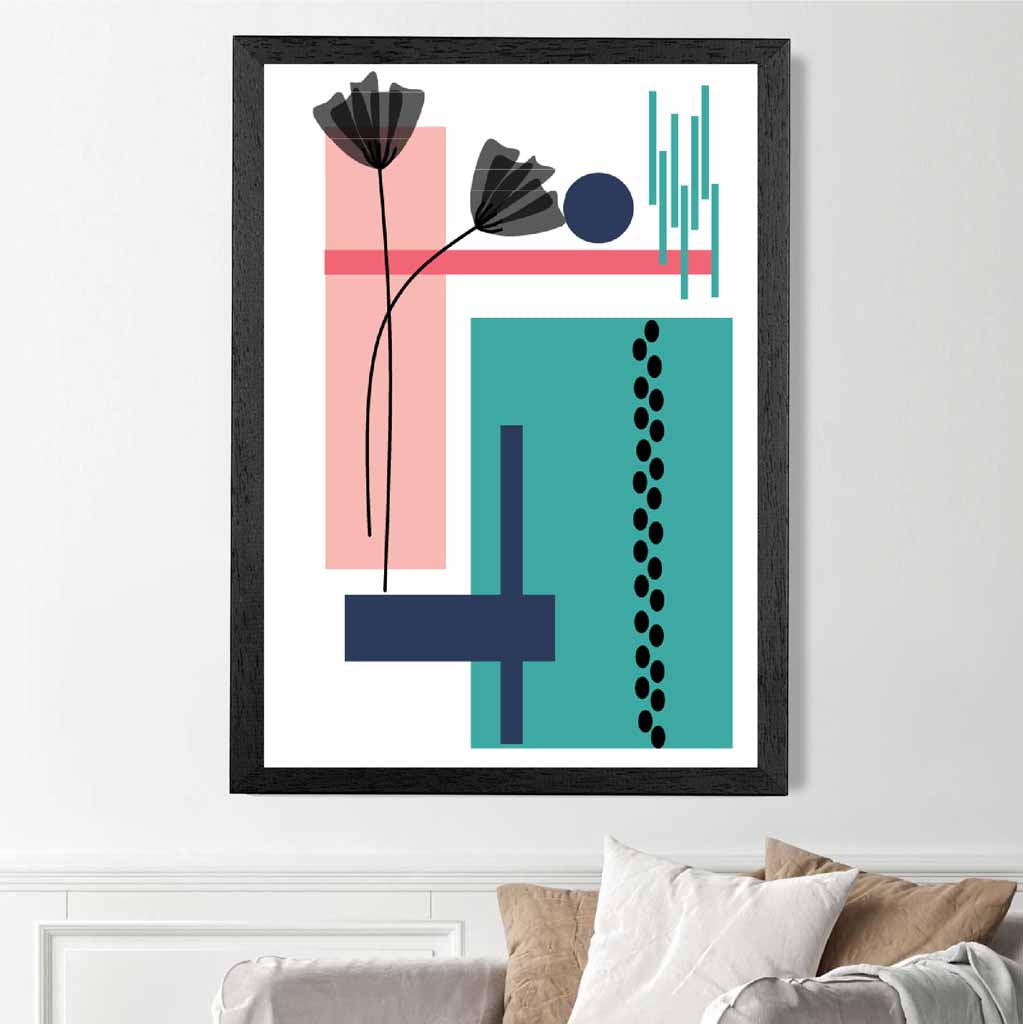 Quirky Geometric Pink, Blue Floral No 1 Art Print | Wall Art Plaza