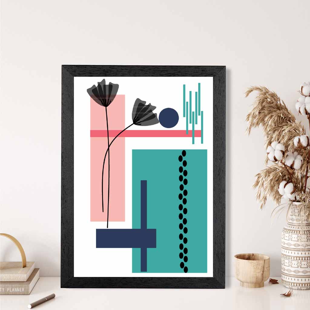 Quirky Geometric Pink, Blue Floral No 1 Art Print | Wall Art Plaza