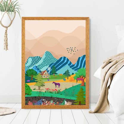 Graphical Modern Blue Mountain Farm Art Poster | Wall Art Plaza