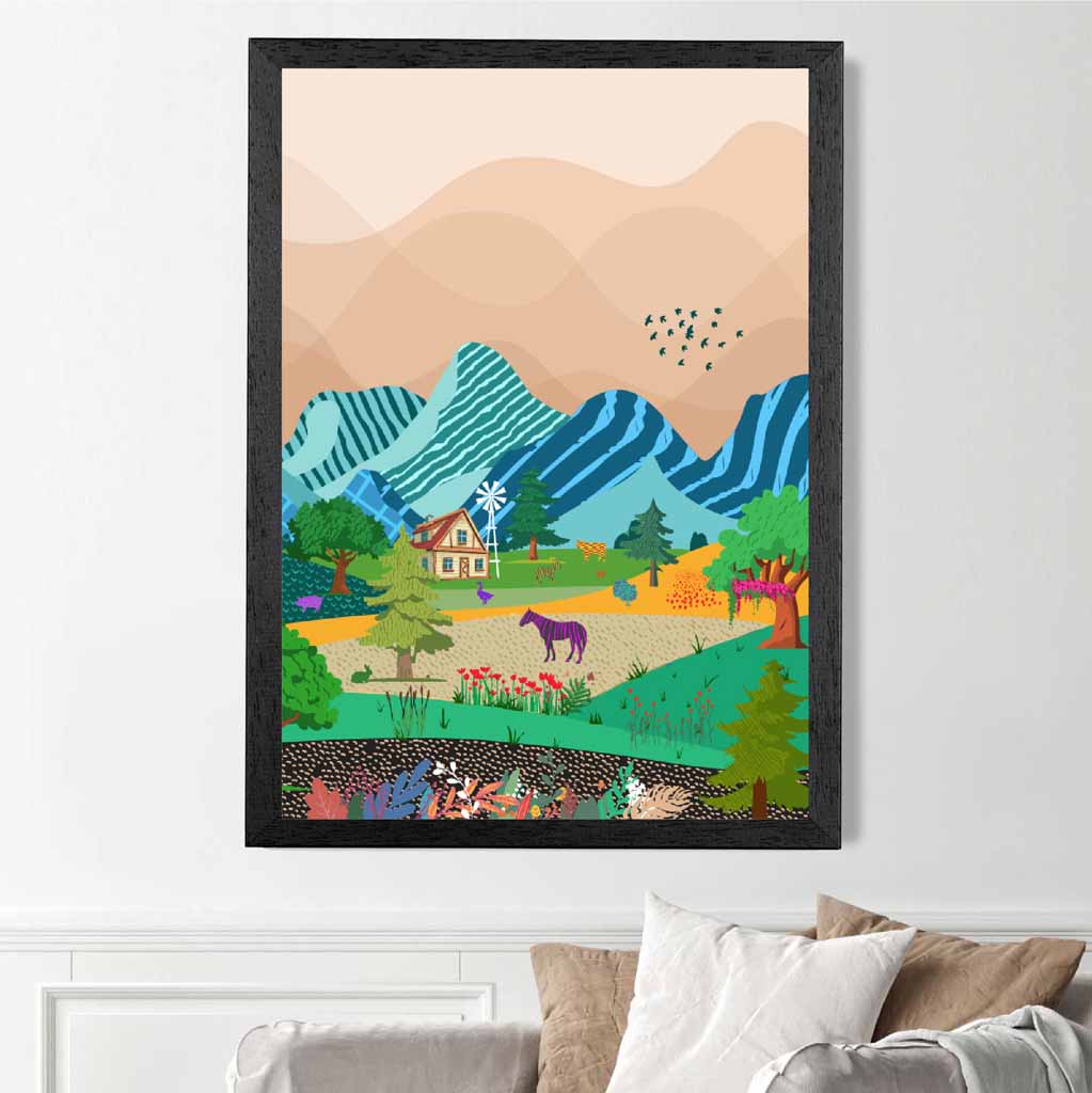 Graphical Modern Blue Mountain Farm Art Poster | Wall Art Plaza