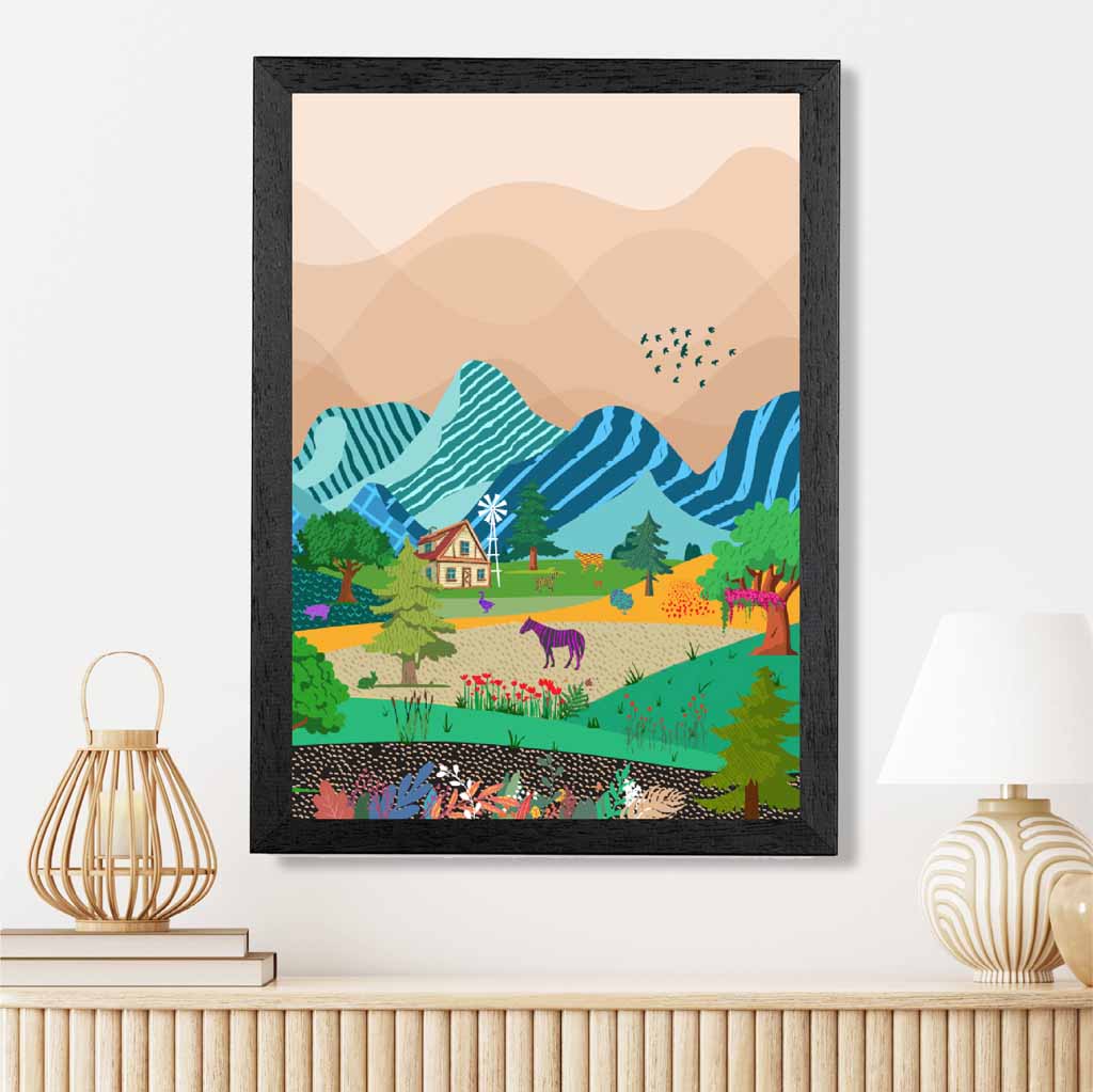 Graphical Modern Blue Mountain Farm Art Poster | Wall Art Plaza