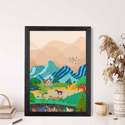 Graphical Modern Blue Mountain Farm Art Poster | Wall Art Plaza