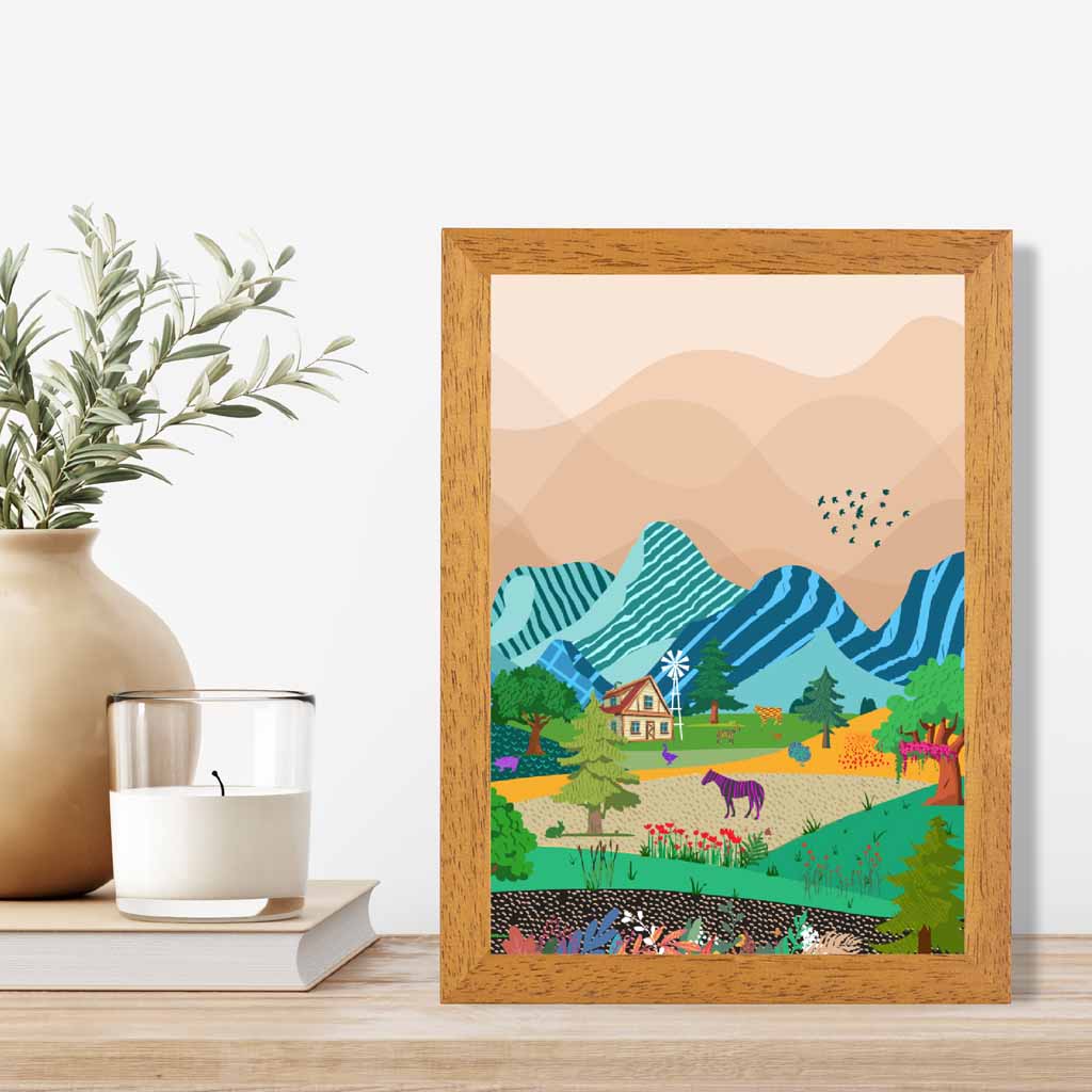 Graphical Modern Blue Mountain Farm Art Poster | Wall Art Plaza