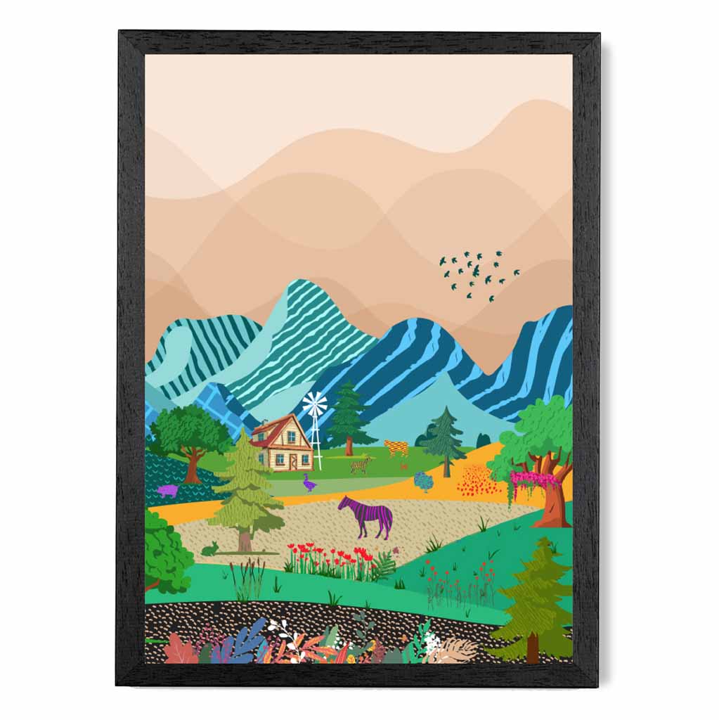 Graphical Modern Blue Mountain Farm Art Poster | Wall Art Plaza