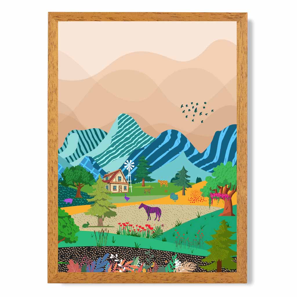 Graphical Modern Blue Mountain Farm Art Poster | Wall Art Plaza