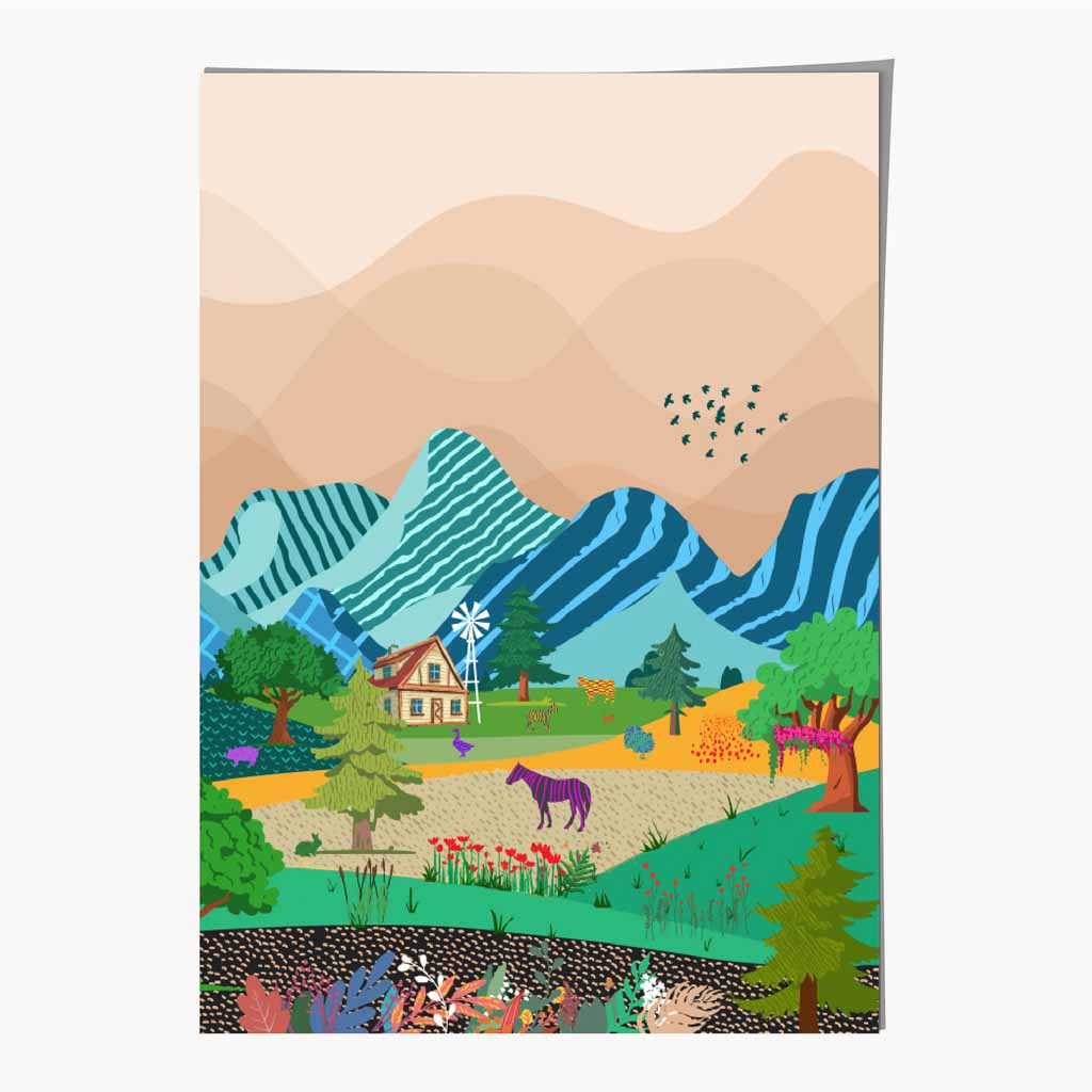 Graphical Modern Blue Mountain Farm Art Poster | Wall Art Plaza