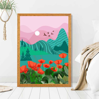 Modern Pink, Green Mountain Flowers Art Print | Wall Art Plaza