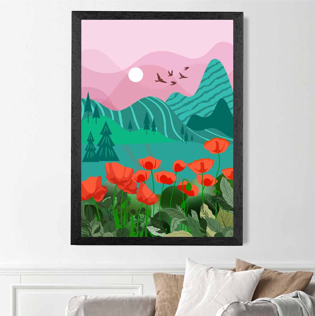 Modern Pink, Green Mountain Flowers Art Print | Wall Art Plaza