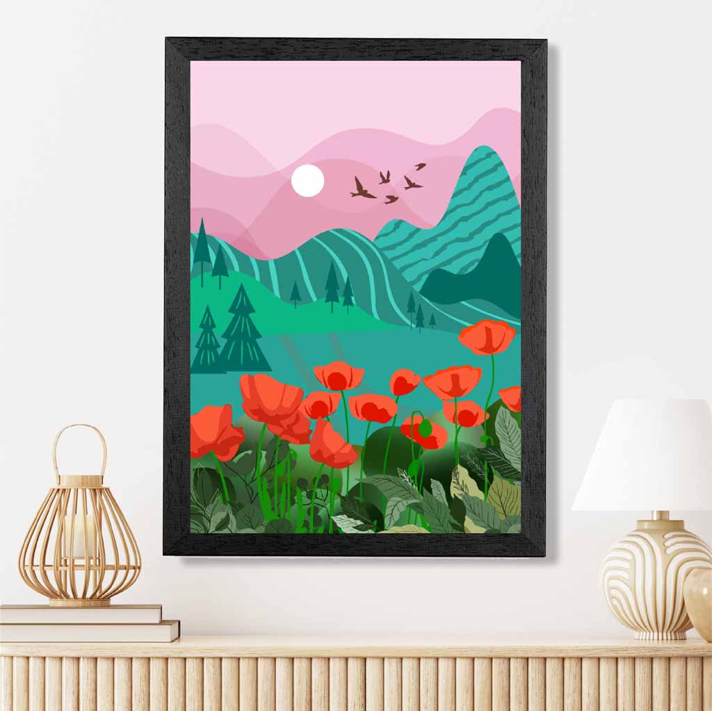 Modern Pink, Green Mountain Flowers Art Print | Wall Art Plaza