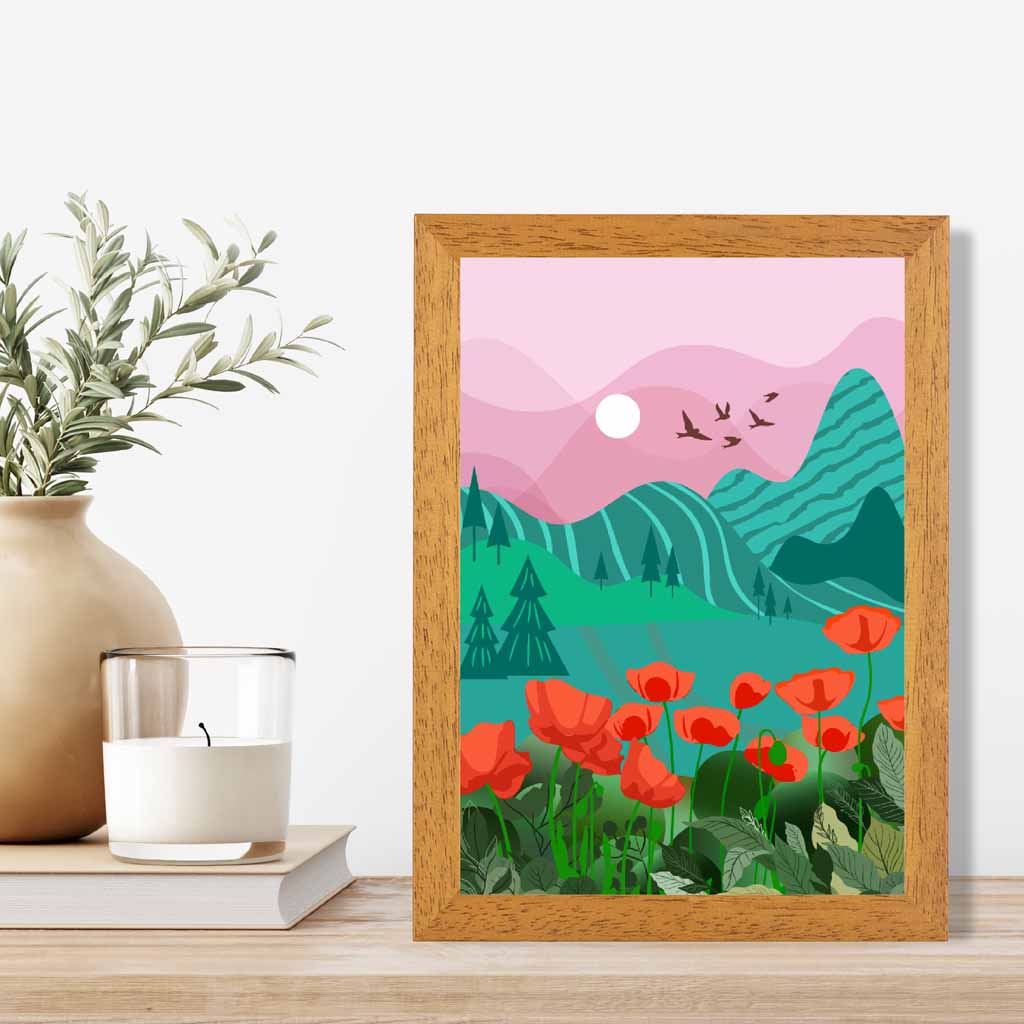 Modern Pink, Green Mountain Flowers Art Print | Wall Art Plaza