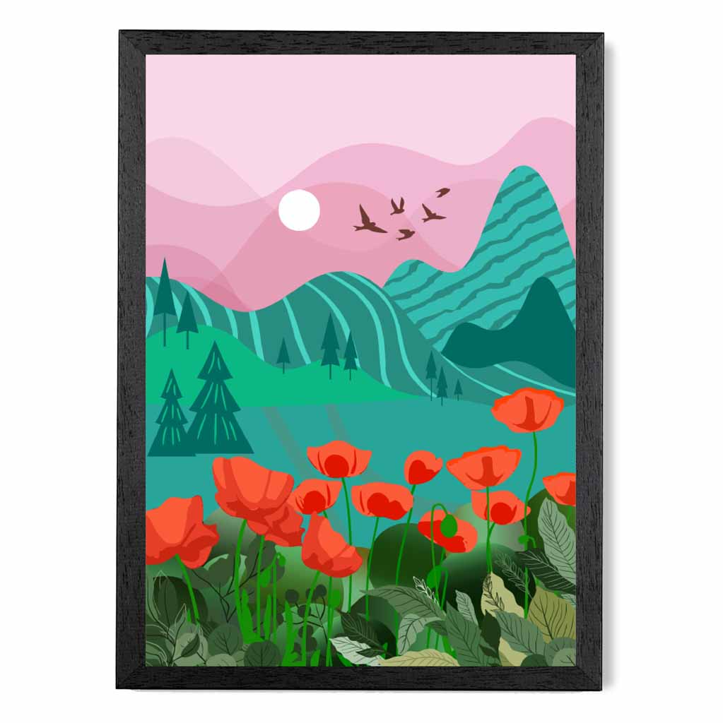 Modern Pink, Green Mountain Flowers Art Print | Wall Art Plaza