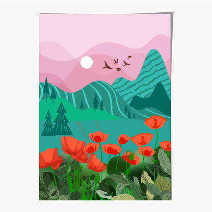 Modern Pink, Green Mountain Flowers Art Print | Wall Art Plaza